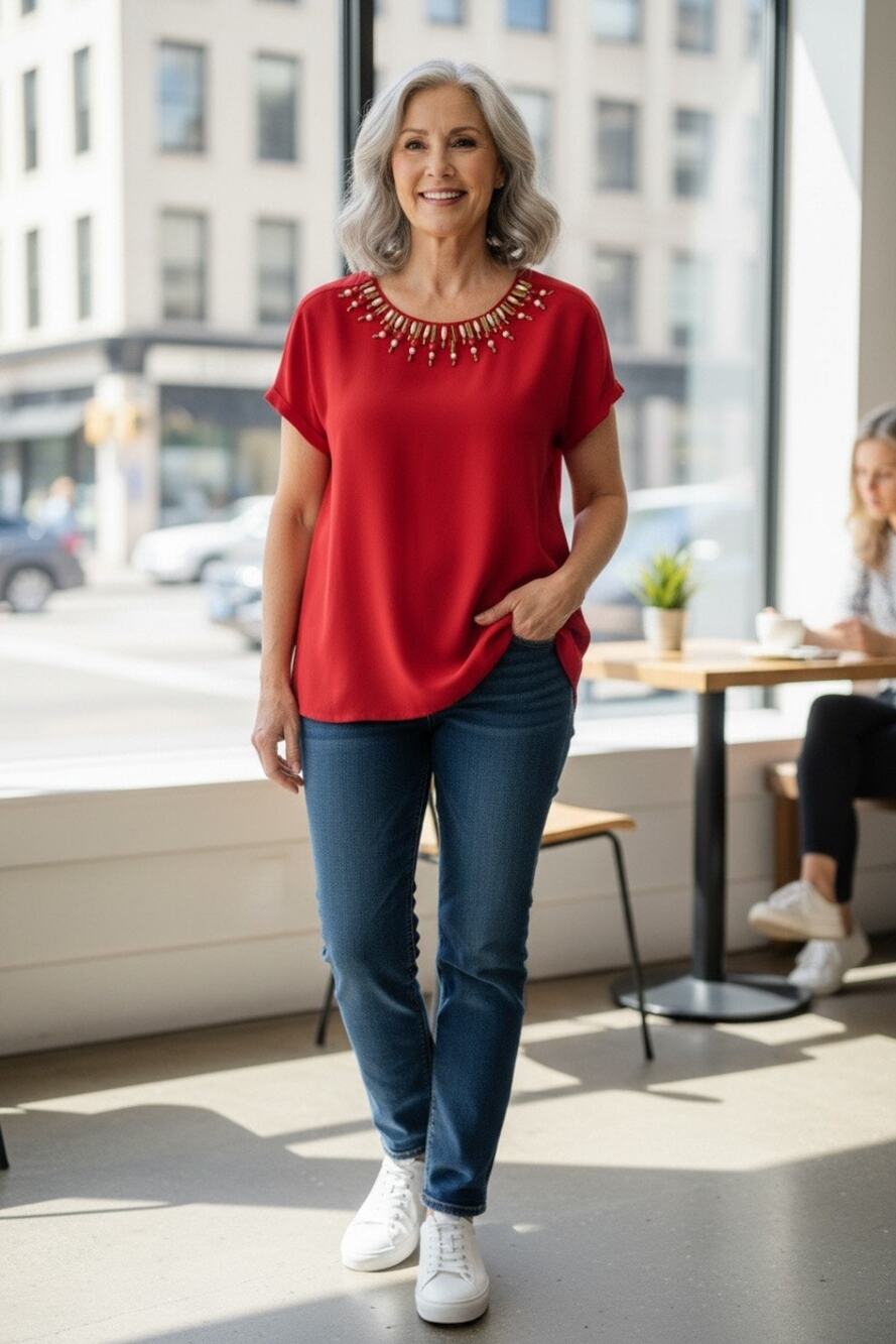 Ruby Rd. Women’s XL Red Embellished Neckline Short Sleeve Top Blouse